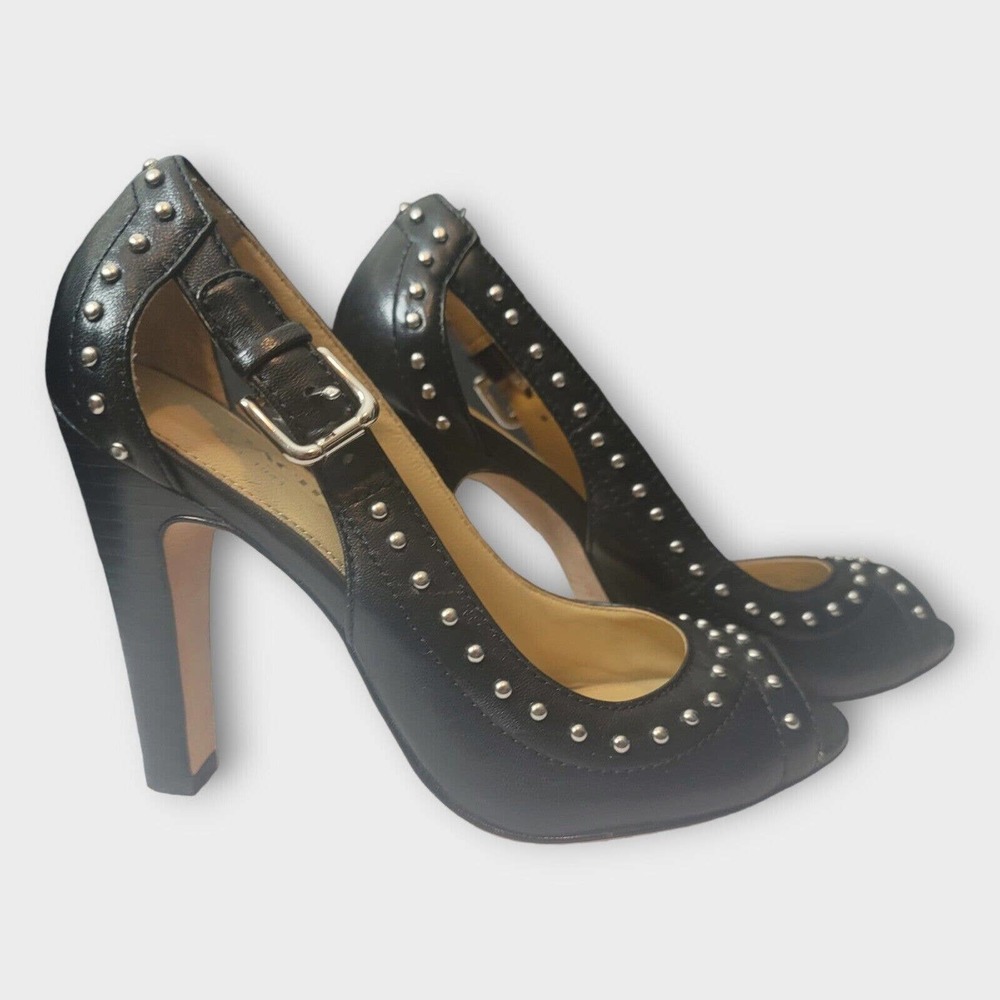 Coach Billee Black Leather Studded Peep Toe Heels Pumps Size 5.5.